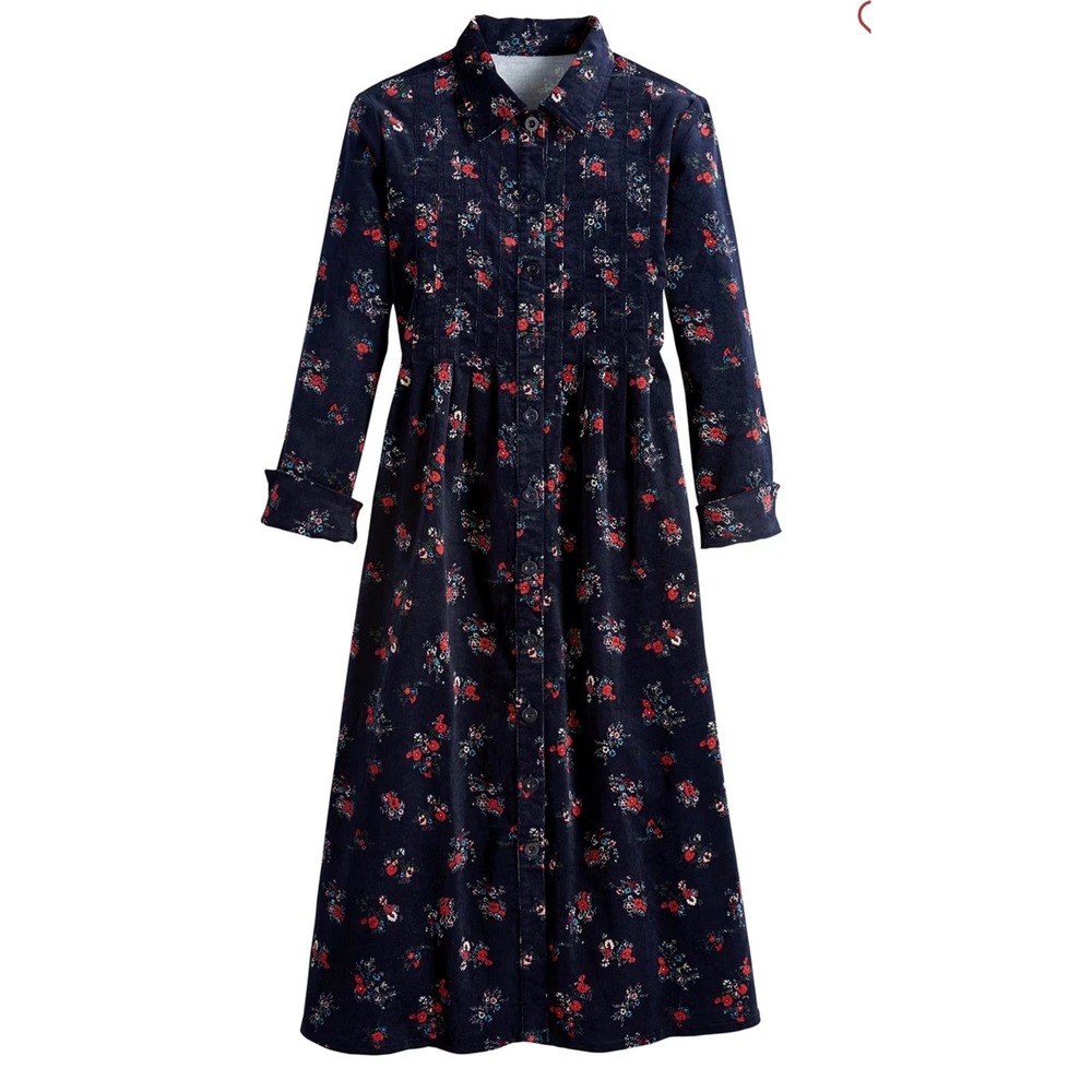 Vermont Country Store Navy Floral Pintuck Corduroy Dress Womens MP Button Up